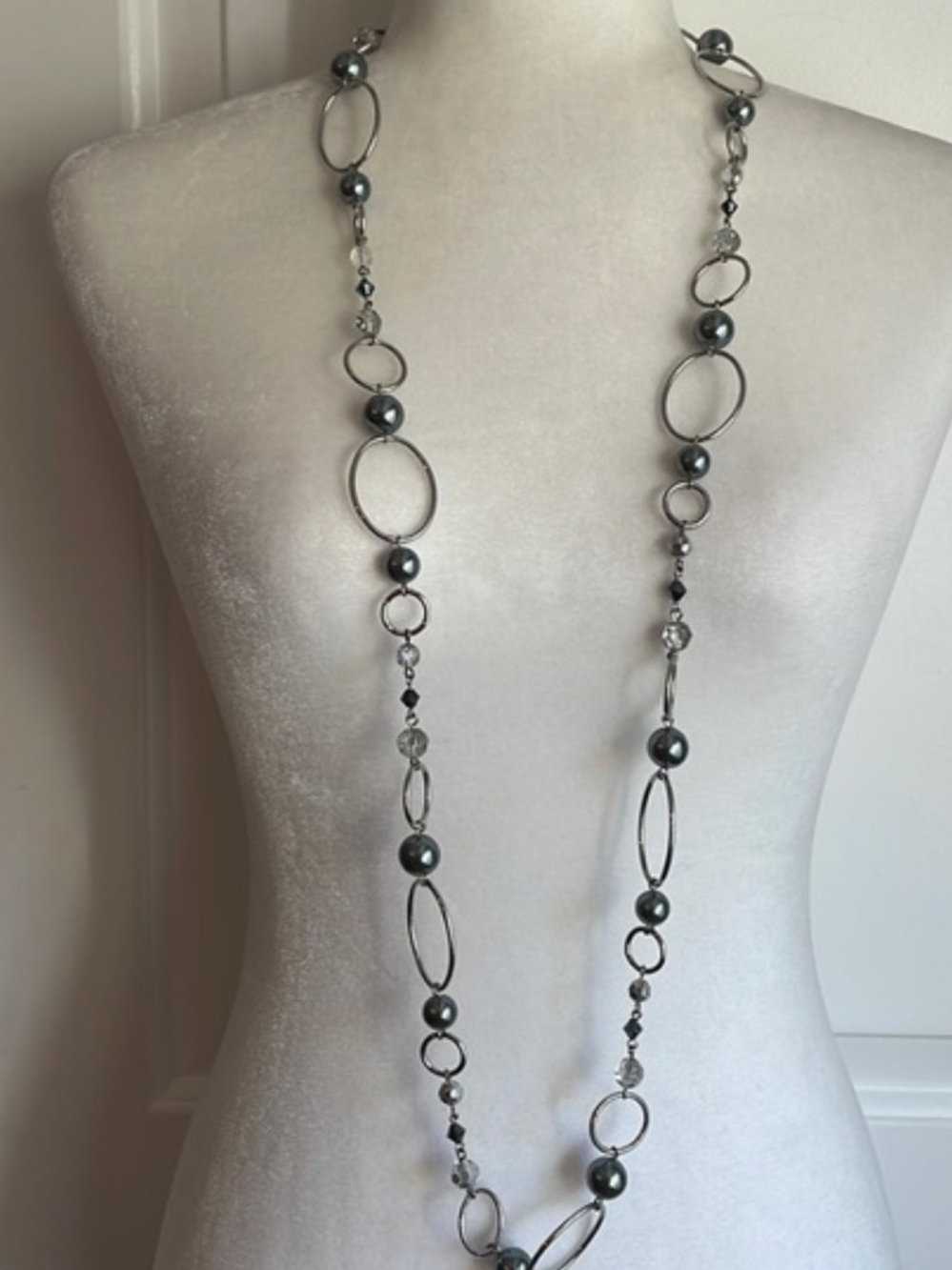 Lia Sophia Long Hematite Bead & Oval Link Necklace